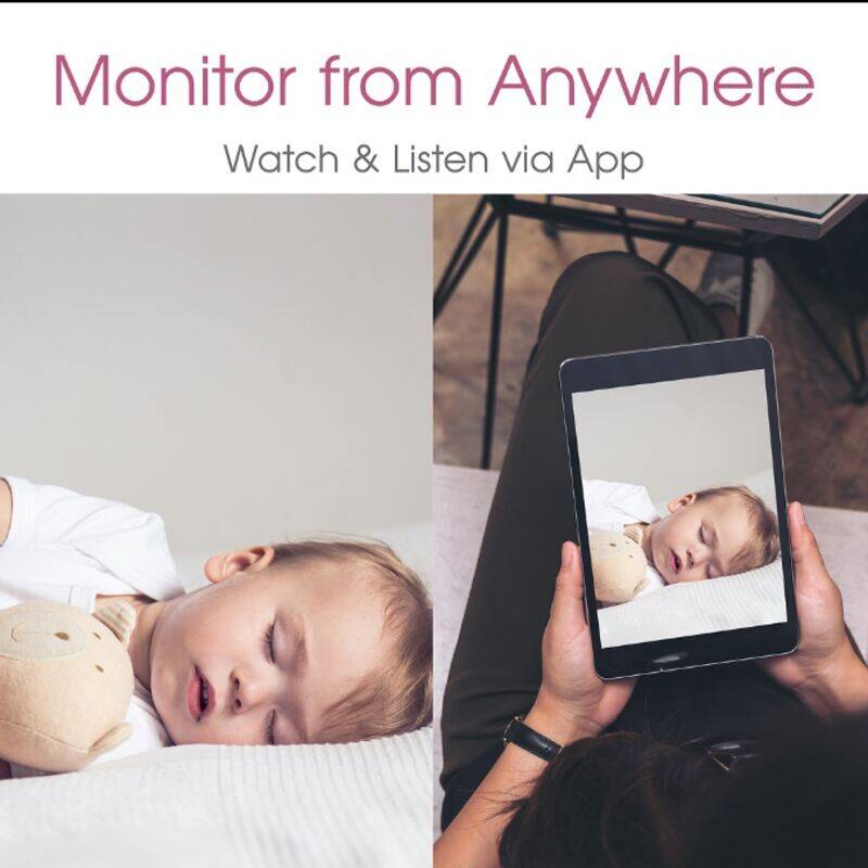 Baby Womb World Nanny Cam showing a sleeping baby and a caregiver monitoring via tablet, promoting remote viewing.