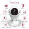 Baby Womb World Nanny Cam in white, featuring a round camera design with icons for night vision, motion detection, and