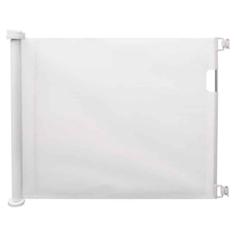 Baby Womb World Safety Gate in white, featuring a retractable design for easy access and safety in home environments.