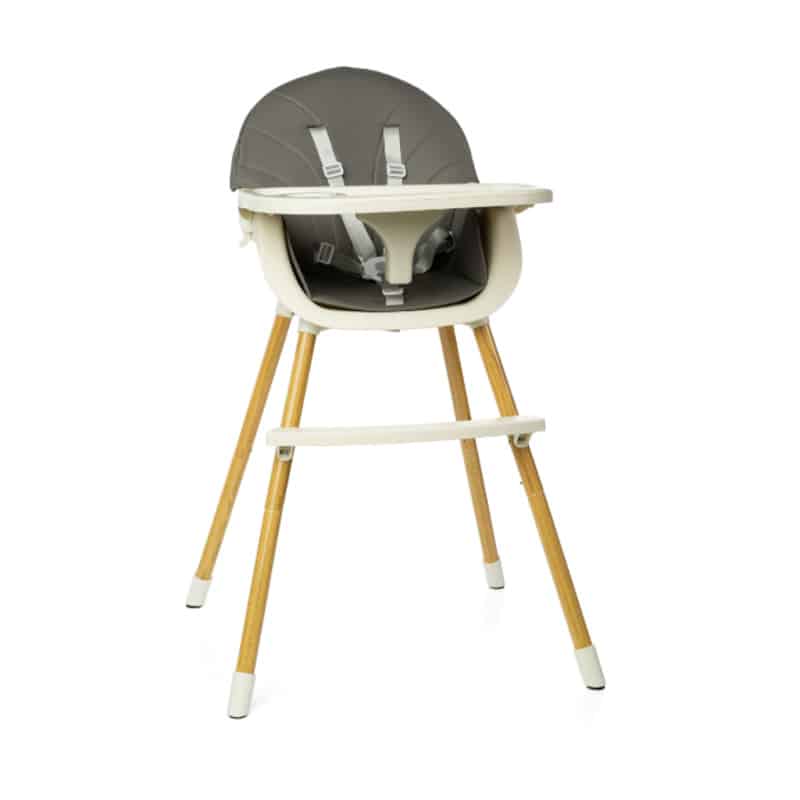 Baby Womb World Grey High Chair with a padded seat and wooden legs, designed for comfort and safety.