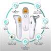 Baby Womb World 3-in-1 thermometer in white, featuring a digital display with color temperature indication and a carry pouch.