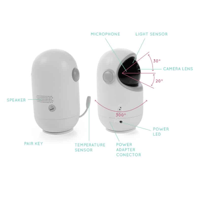 Baby Womb World 802 Extra Camera in white, featuring a sleek design with a camera lens, microphone, and temperature sensor.