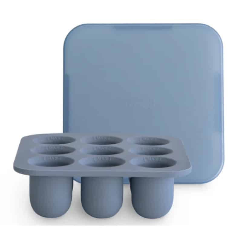 Mushie Fresh Food Feeder Freezer Tray in Cambridge Blue with nine compartments for easy food storage.