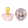 BIBS Colour Pacifier 2 PACK Latex in Blossom/Dusky Lilac and Vanilla/Blush with distinctive round shield design.