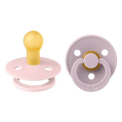 BIBS Colour Pacifier 2 PACK Latex in Blossom/Dusky Lilac and Vanilla/Blush with distinctive round shield design.