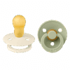 BIBS Colour Pacifier 2 PACK Latex in Ivory/Sage and Vanilla/Blush with a round shield and soft latex nipple.