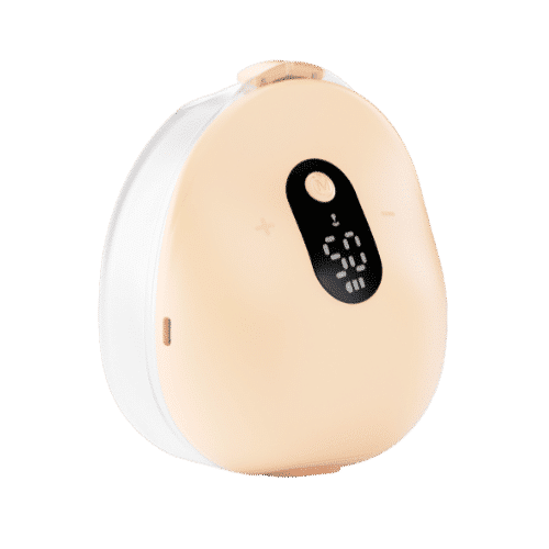 Mommy Material Freely Single Wearable Breast Pump in soft peach with a digital display and control button.