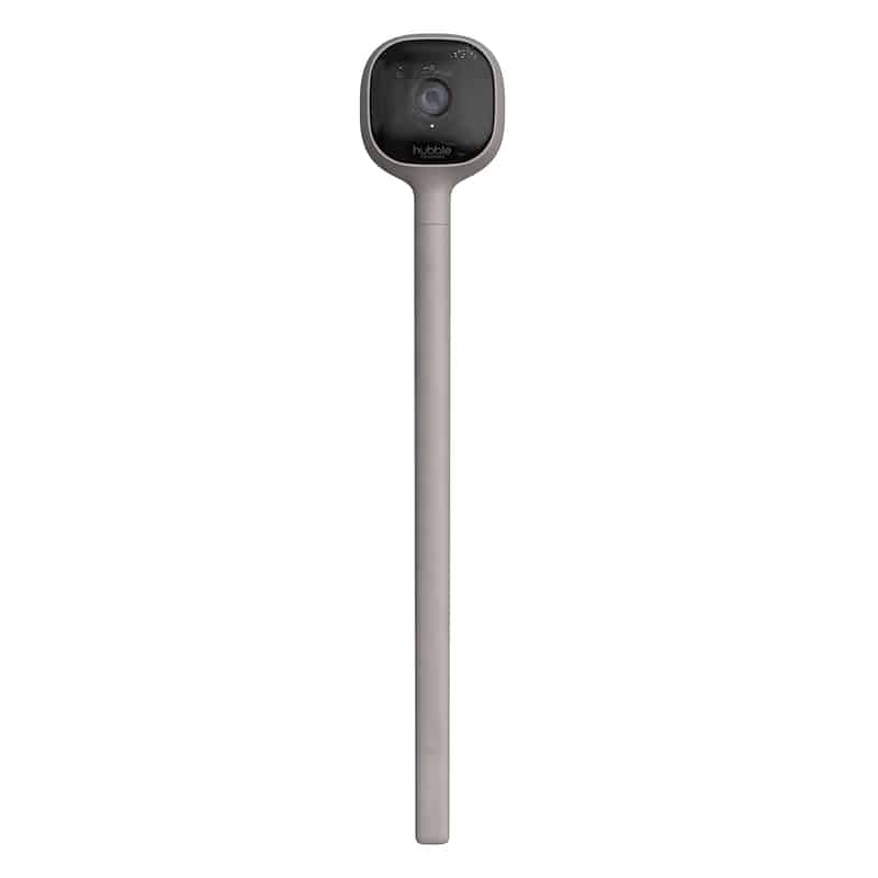 Hubble AI Vision security camera in sleek gray design, showcasing its elongated shape and lens detail.