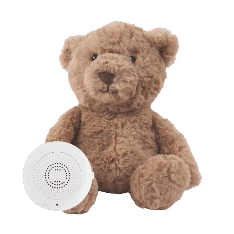 Flow Amsterdam Lou Heartbeat Rechargeable Comforter in beige and brown, featuring a soft teddy bear design with a sound