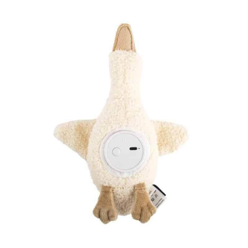 Flow Amsterdam Plush Night Light in the shape of a soft, cream-colored goose with a round light control on its back.