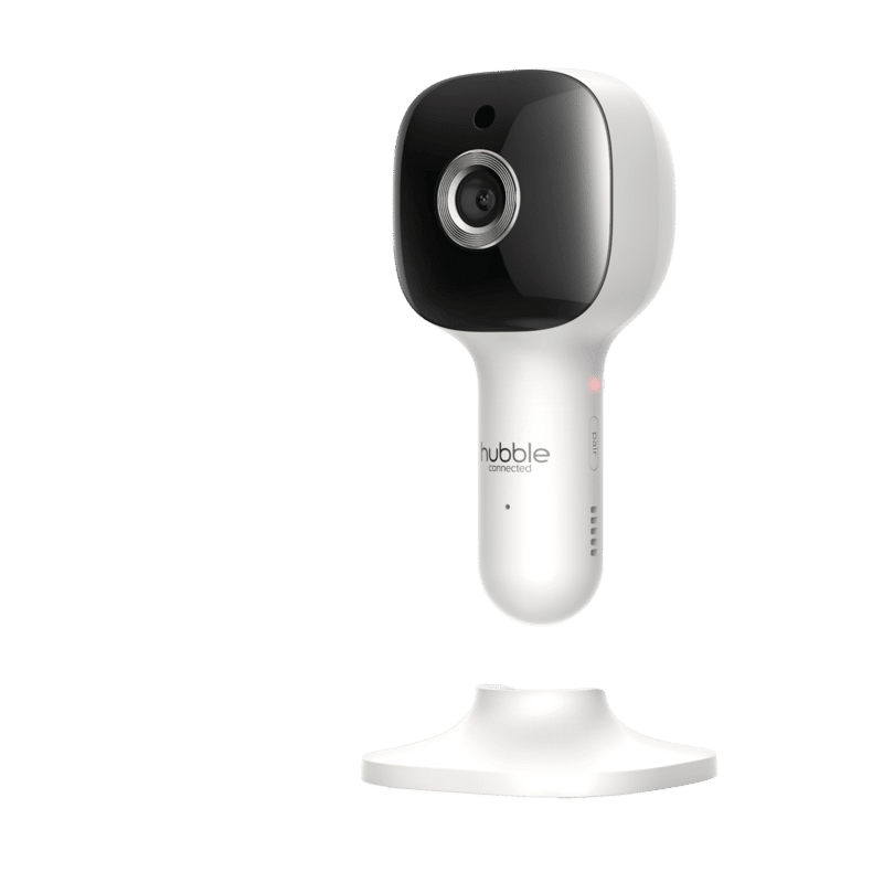 Hubble Nursery Pal Cloud camera in white with a sleek design, positioned on a stand for nursery monitoring.