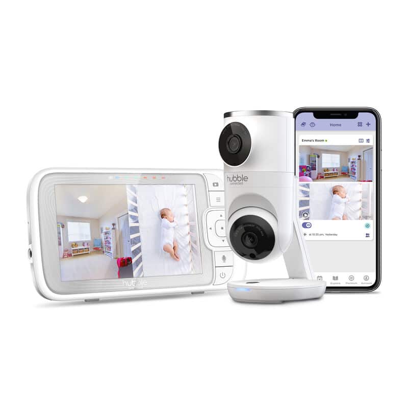 Hubble Nursery Pal Dual Vision baby monitor with a white monitor and camera, featuring a smartphone app for remote viewing.