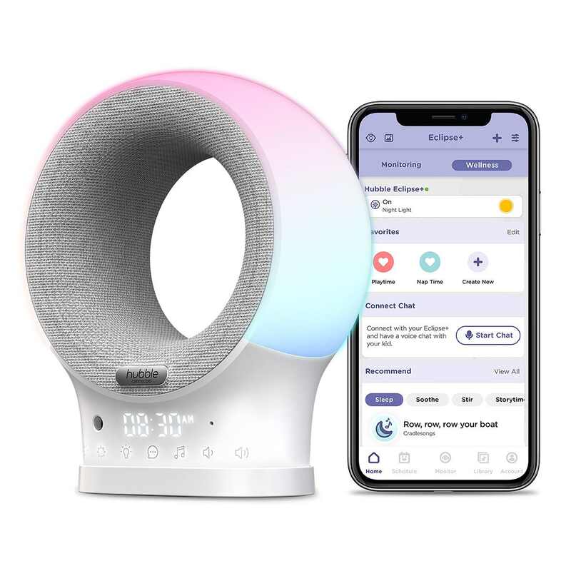 Hubble Eclipse+ smart monitor with a colorful light display and a smartphone app for monitoring and wellness features.