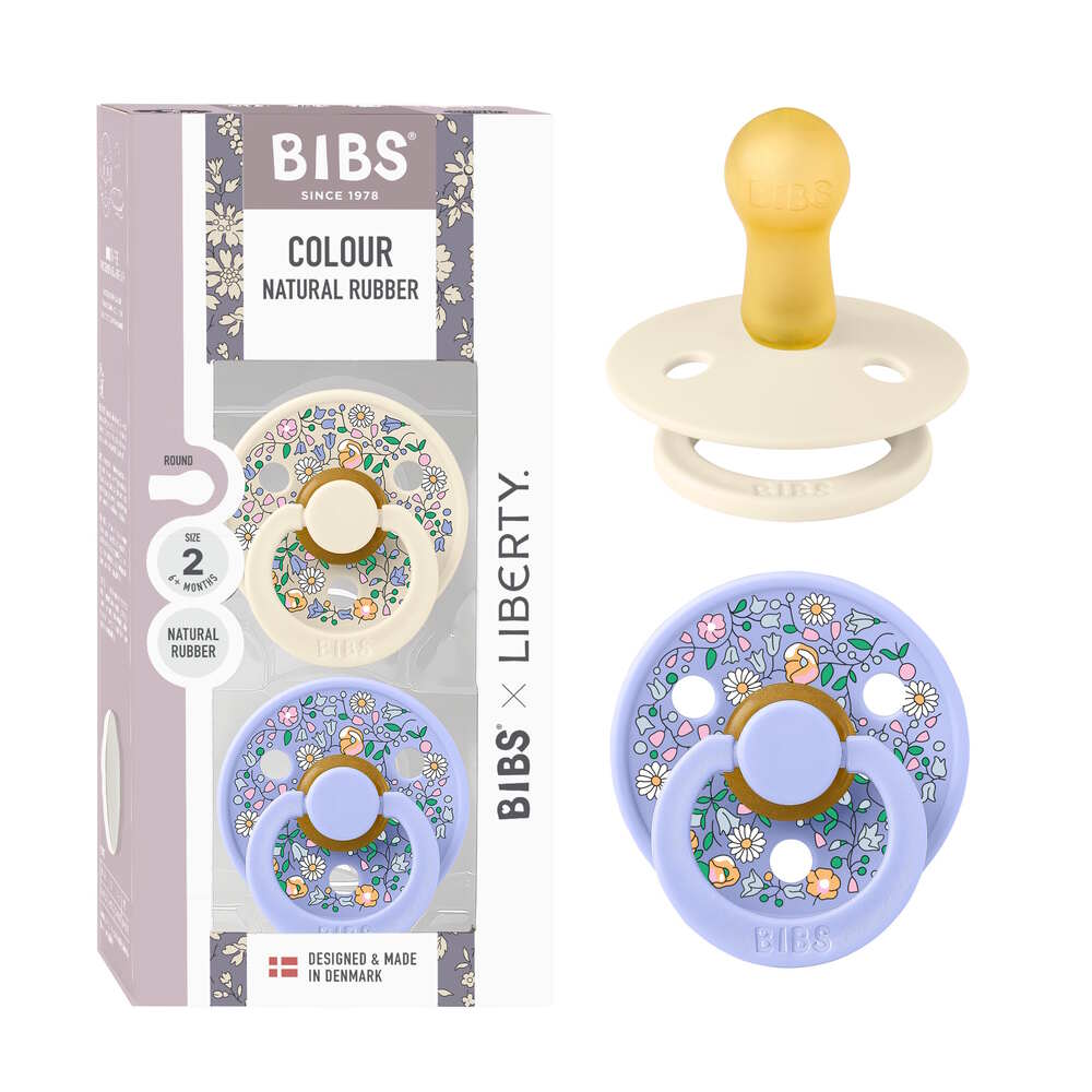 BIBS x Liberty Colour Pacifier 2 Pack in Capel - Fossil Grey Mix and Chamomile Lawn - Baby Blue Mix with floral designs.