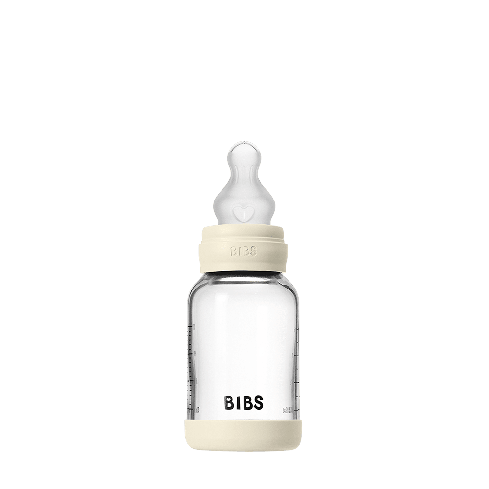 BIBS Glass Baby Bottle in Baby Blue with silicone base, 120 ml capacity, features a slow flow nipple.