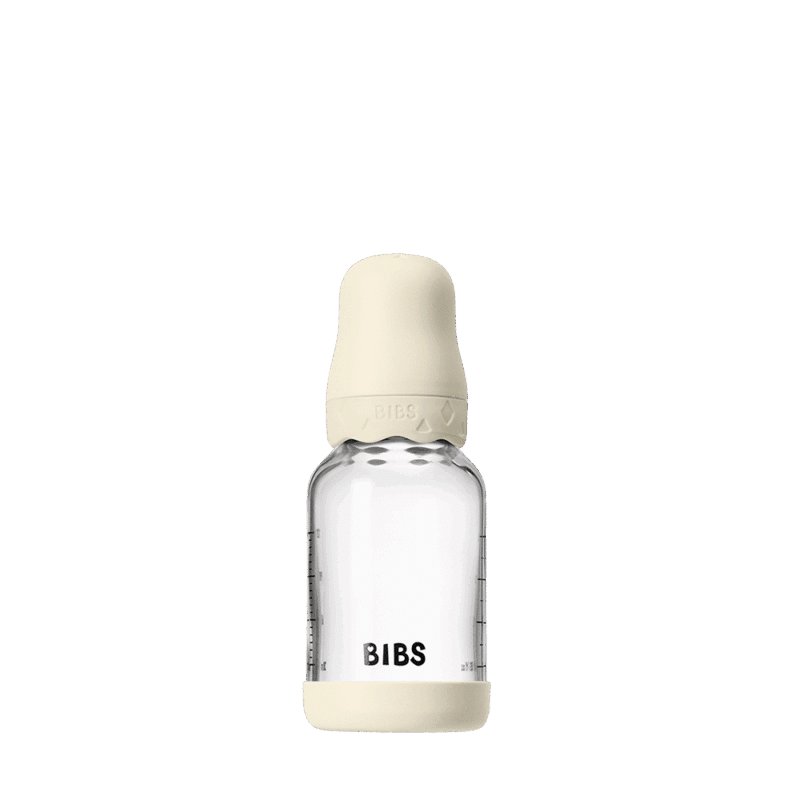 BIBS Glass Boheme Baby Bottle in Ivory, 120 ml, features a round shape and slow flow latex nipple.