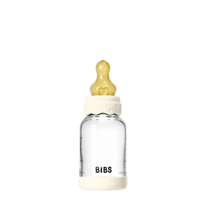 BIBS Glass Boheme Baby Bottle in Blush with a round latex slow flow nipple, 120 ml capacity.