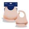 Difrax LOVI Silicone Bib in nude with pistachio accents, designed for comfort and practicality, suitable for 4 months and up.