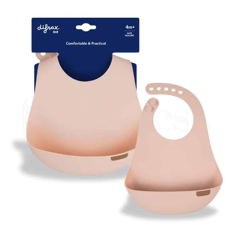 Difrax LOVI Silicone Bib in nude with pistachio accents, designed for comfort and practicality, suitable for 4 months and up.