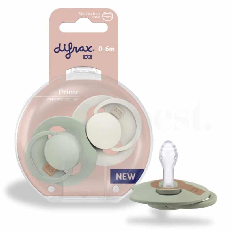Difrax Dynamic Soother Prime for 0-6 months in Coconut/Pistachio and Nude/Blush, includes sterilization case.