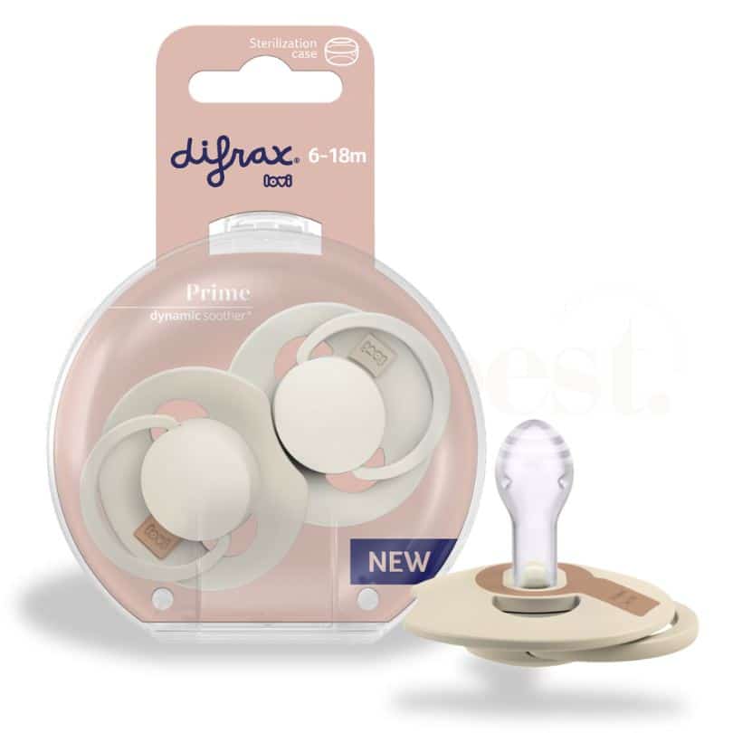 Difrax Dynamic Soother Prime for 6-18 months in granola/orange and nude/blush, includes sterilization case.