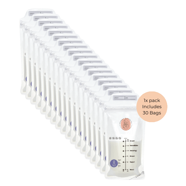 Mommy Material 30pc temperature-sensing breast milk storage bags, featuring clear measurement markings and a secure seal.