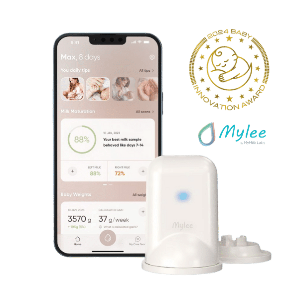 Mylee Milk Sensing Device in white with a smartphone displaying milk maturation data and baby weight tracking.
