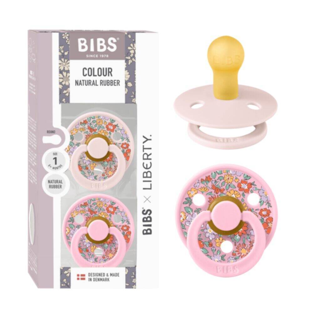 BIBS x Liberty Colour Pacifier 2 Pack in Capel - Fossil Grey Mix and Chamomile Lawn - Baby Blue Mix, size 1.