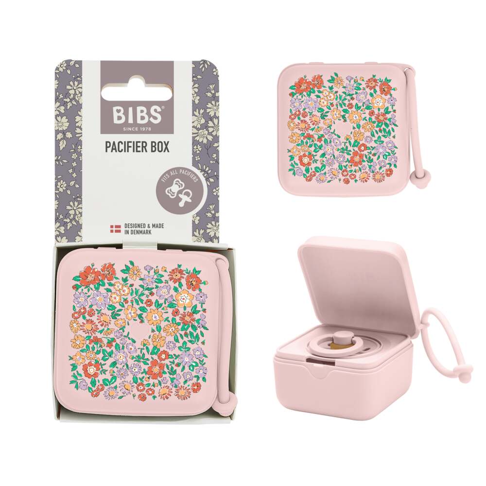 BIBS x LIBERTY Pacifier Box in Chloe Meadow - Ivory Mix and Oscar Meadow - Petal Mix with floral design and secure closure.