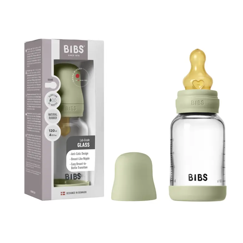 BIBS Glass Baby Bottle Round Latex 1 pack 120 ml Slow Flow — BIBS Glass Baby Bottle Round Latex 1 pack 120 ml Slow Flow