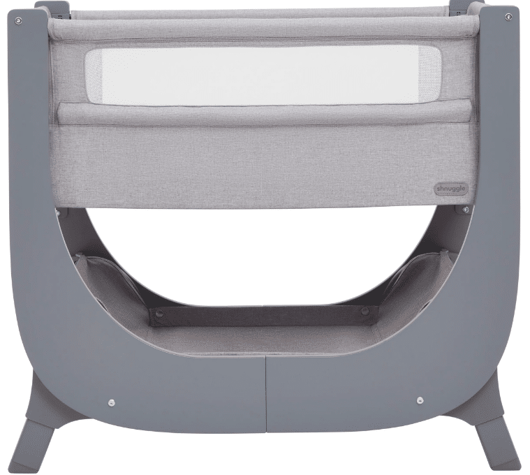 Shnuggle Air Lite Bedside Crib in grey and taupe with a breathable mesh side for easy access.
