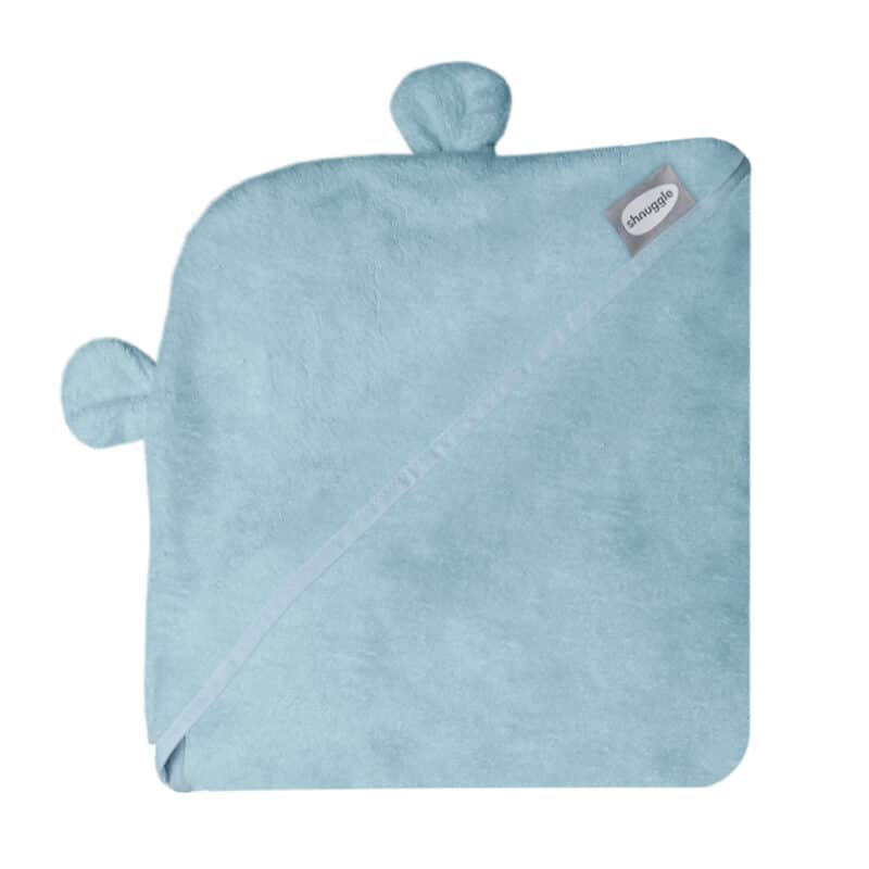 Shnuggle Bamboo Wearable Baby Towel in blue, featuring soft fabric and adorable ear details.