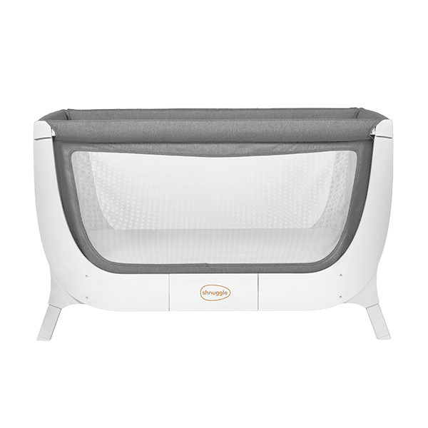 Shnuggle Air Cot Conversion Kit in dove grey and stone grey with a mesh side for visibility and ventilation.
