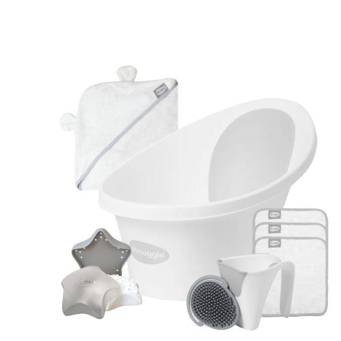 Shnuggle Complete Newborn Bath Time Bundle in white, includes a bath, hooded towel, star-shaped bath support, and