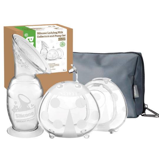 Haakaa Silicone Pump and Collector Combo in clear, includes two collectors and a storage pouch.
