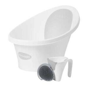 Shnuggle Newborn Baby Bath Bundle in white, featuring a contoured bath and a rinsing cup.