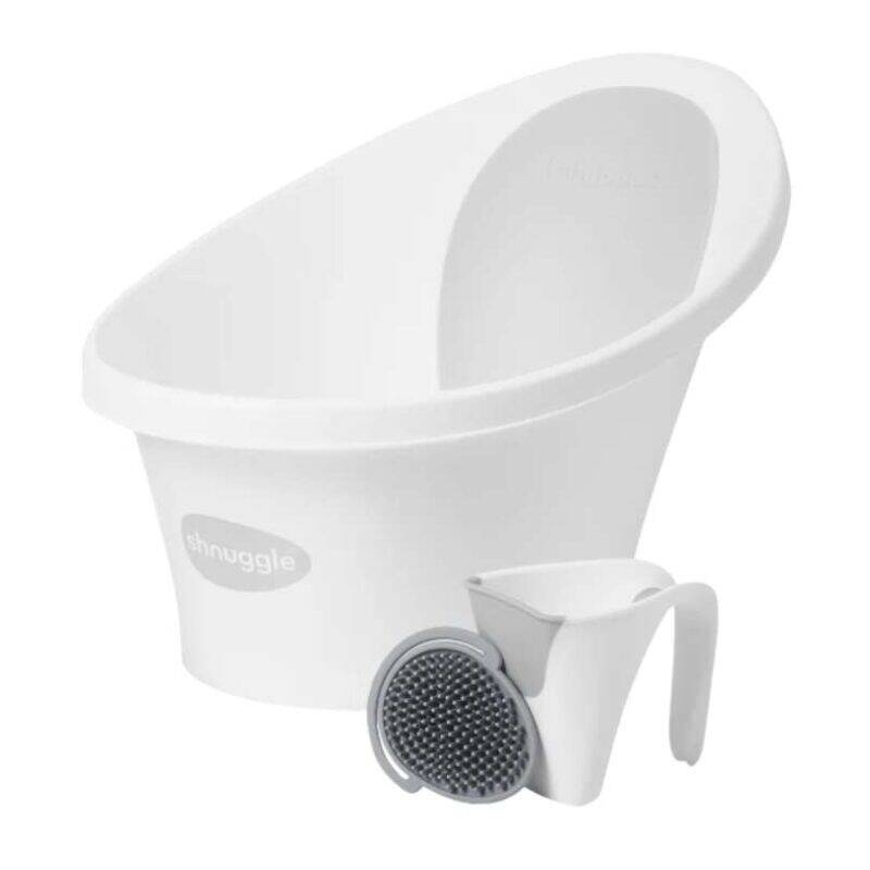 Shnuggle Newborn Baby Bath Bundle in white, featuring a contoured bath and a rinsing cup.