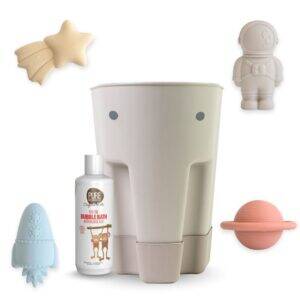 Mushie Bath Time Play & Put Away Bundle featuring a playful elephant-shaped storage bin, bath toys, and bubble bath.