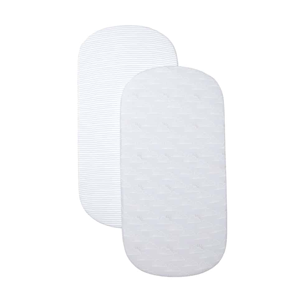 Shnuggle Air Cot Fitted Sheets in white, featuring one striped and one patterned design, suitable for nursery gear.