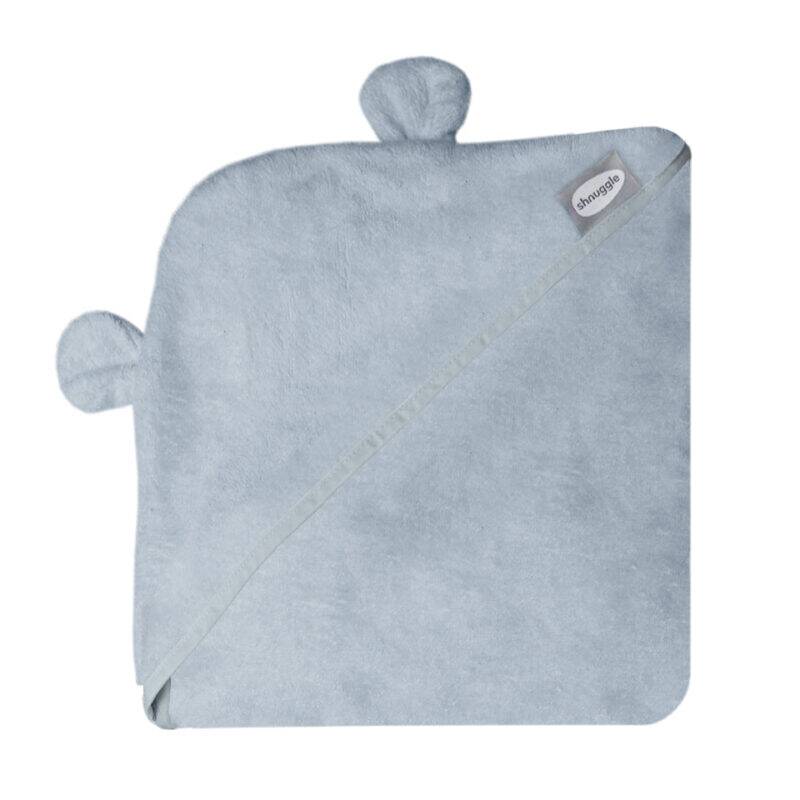 Shnuggle Bamboo Wearable Baby Towel in grey with cute ear details, soft and cozy for baby care.