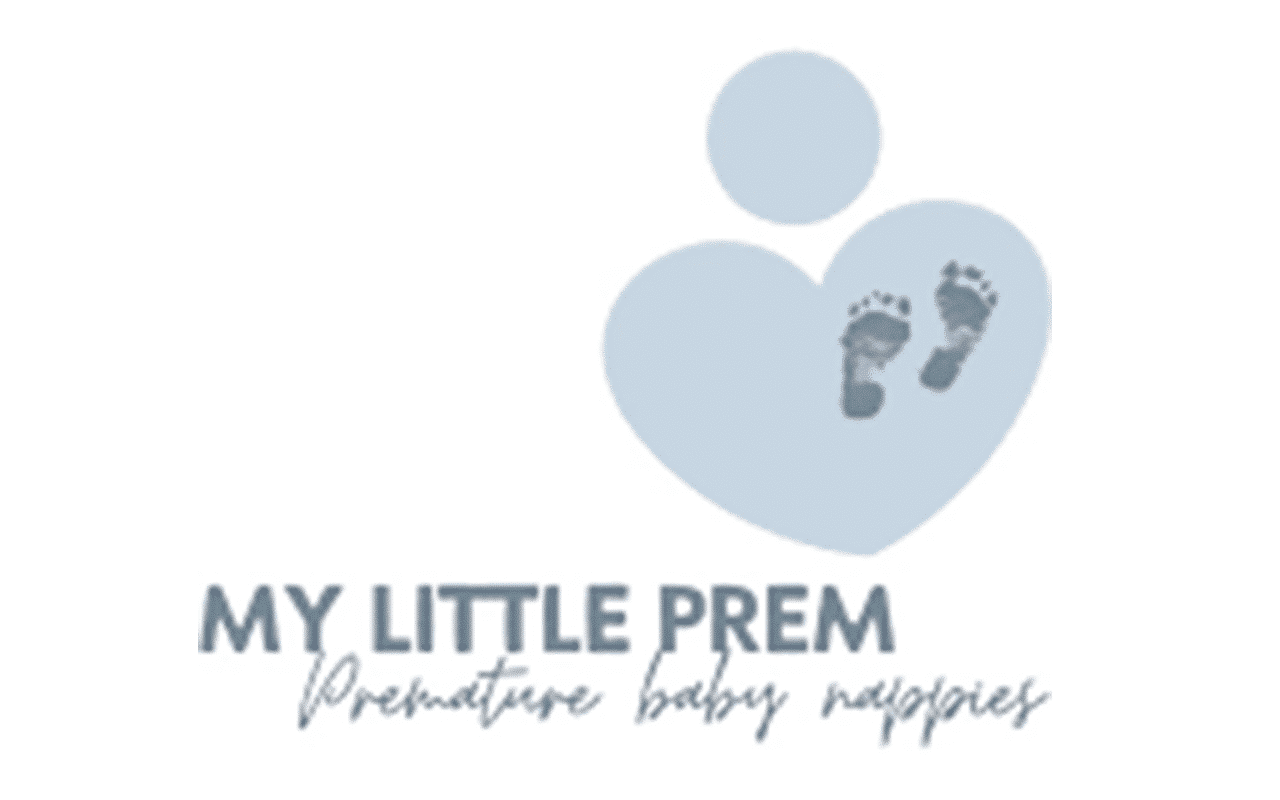 My Little Prem premature baby nappies logo featuring a heart and baby footprints in soft blue tones.