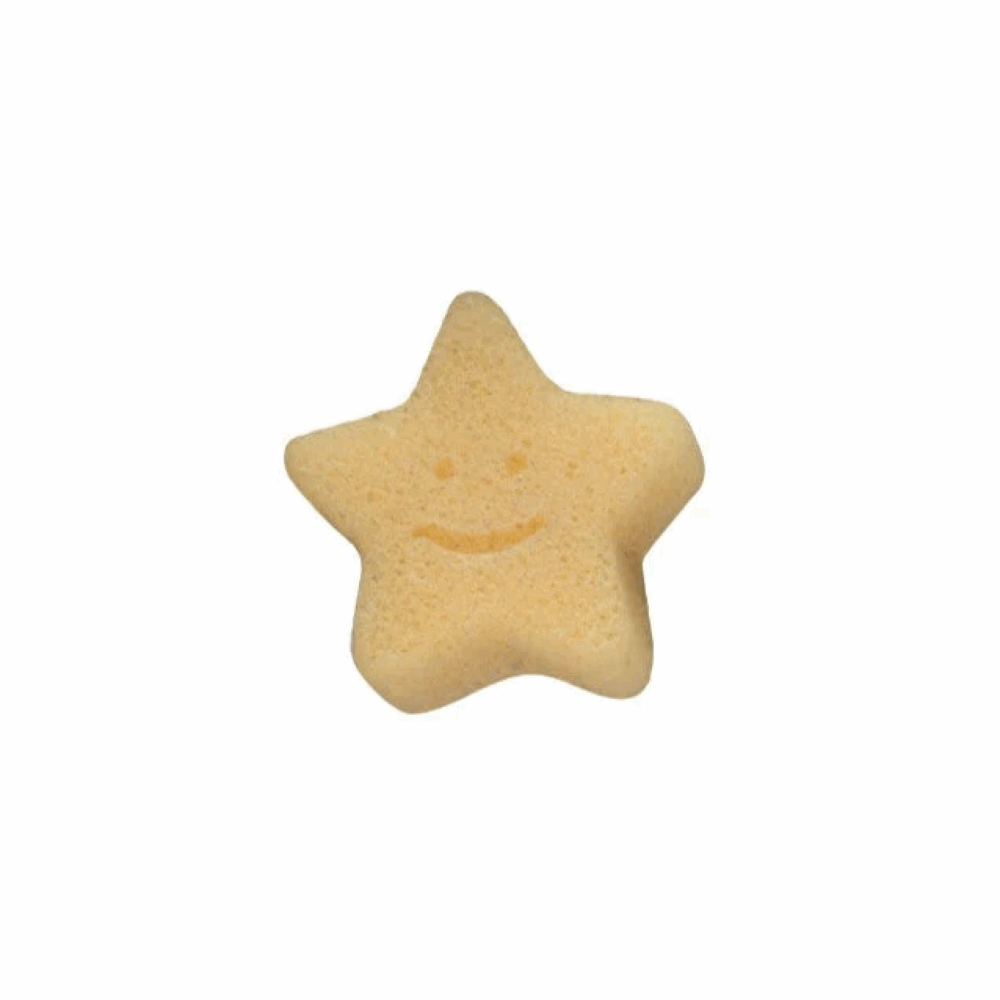 Shnuggle Natural Star Sponge in a star shape, soft yellow color with a smiling face detail. Ideal for gentle bathing.