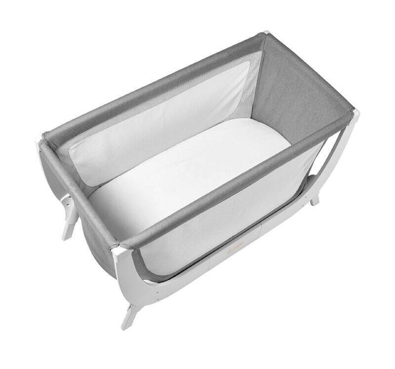Shnuggle Air Cot Conversion Kit in dove grey and stone grey, featuring a spacious design with breathable mesh sides.