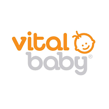 Vital Baby logo featuring a smiling baby icon in orange and gray text.