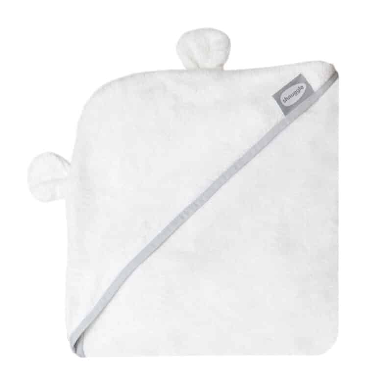 Shnuggle Bamboo Wearable Baby Towel in white with cute ear details and a grey trim. Soft and absorbent for baby care.