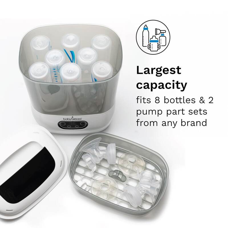 Baby Brezza Steriliser Dryer Advanced in white, showcasing its large capacity for 8 bottles and 2 pump parts.
