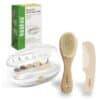 Haakaa Baby Care Bundle featuring an electric nail care set, wooden brush, and comb in a clear case.