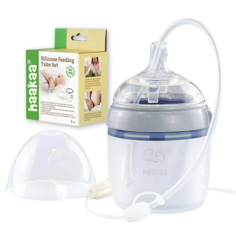 Haakaa Supplemental Nursing System Bundle includes a silicone feeding tube set and a clear nursing container.