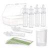 Haakaa Silicone Colostrum Collector Feeding Pack with four pre-sterilised collectors, storage box, and labeling cards.
