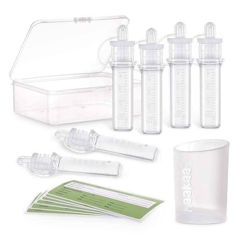 Haakaa Silicone Colostrum Collector Feeding Pack with four pre-sterilised collectors, storage box, and labeling cards.